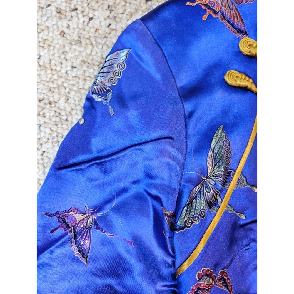 Blue Satin Butterfly Embroidered Cheongsam Qipao Maxi Dress Mandarin Collar - Picture 9 of 16
